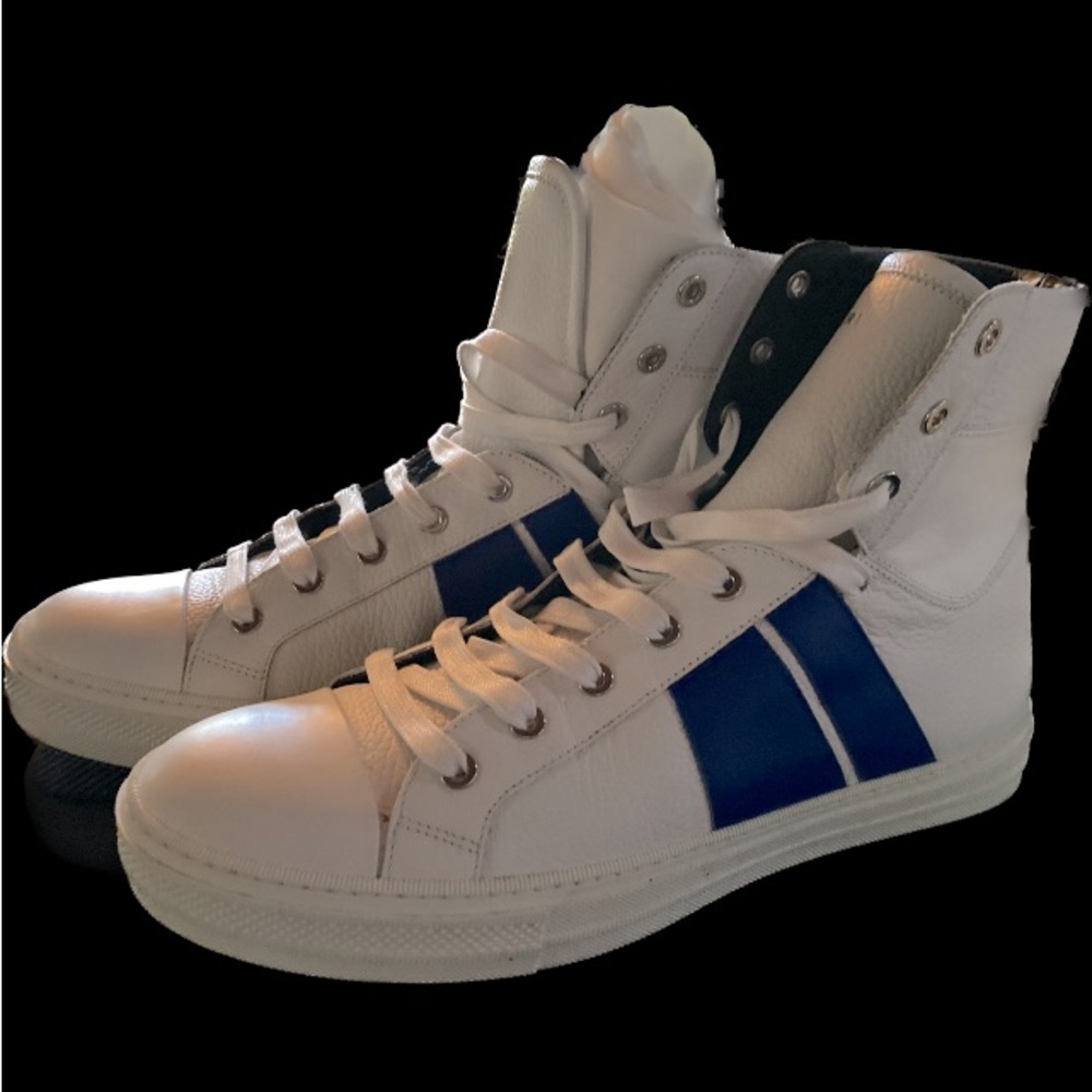 AMIRI SUNSET ITALIAN LEATHER SNEAKER WHITE/BLUE HIGHTOP LACE UPS SZ44
